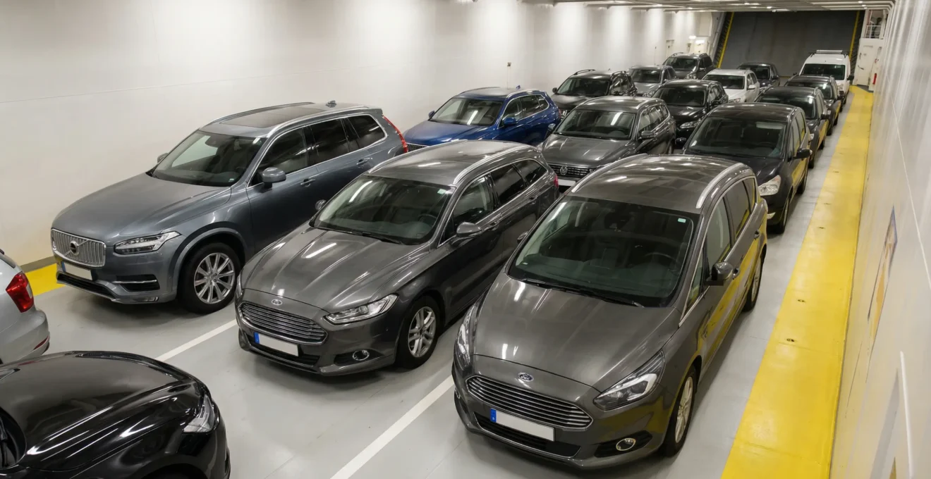 Voitures alignées dans la cale d'un ferry pour traversée Baléares