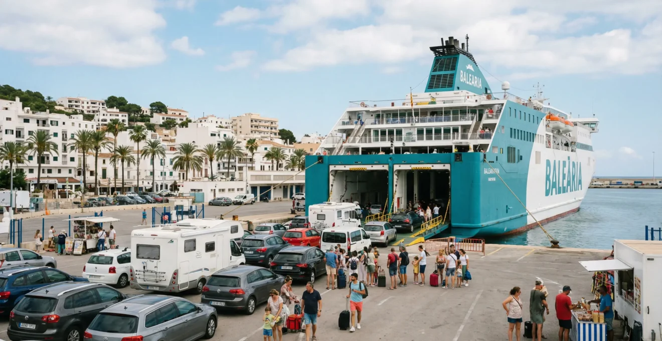 Port méditerranéen des Baléares avec ferry et véhicules en embarquement