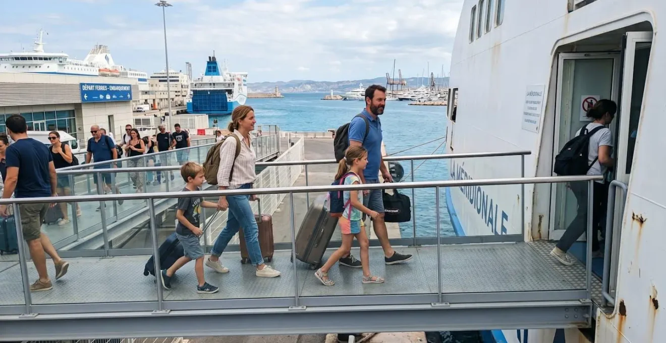Une famille avec valises vue de dos marchant sur la passerelle d'embarquement d'un ferry moderne sous une lumière méditerranéenne naturelle