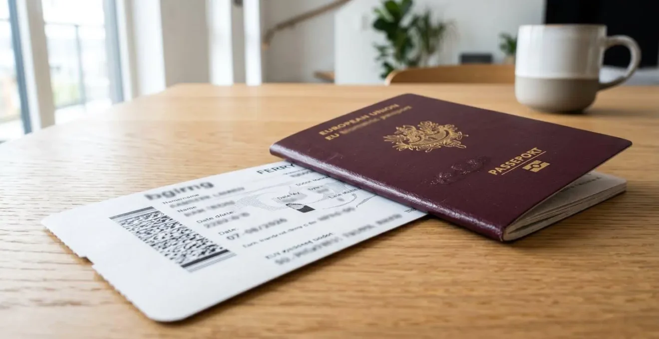 Gros plan sur un billet de ferry posé sur une table en bois clair avec un passeport européen flouté en arrière-plan